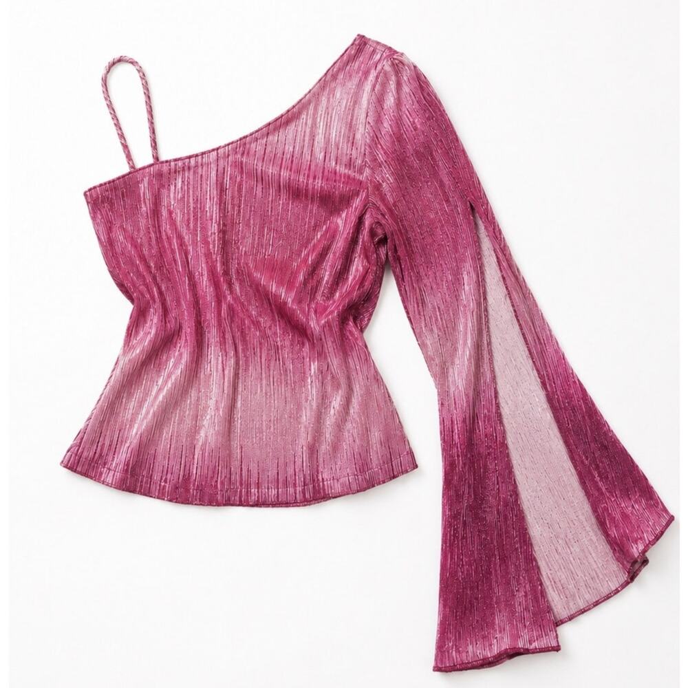 Y2k pink metallic one shoulder bell sleeve top